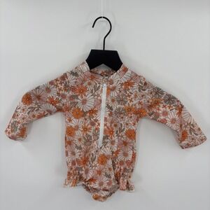 Baby Girls Floral Long Sleeve Rash Guard Swimsuit 6-12M Orange Pink Retro Beach